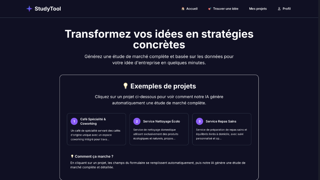 Interface StudyTool montrant des exemples de projets d'entreprise : Café Spécialité & Coworking, Service Nettoyage Écolo, Service Repas Sains - Génération automatique d'études de marché complètes
